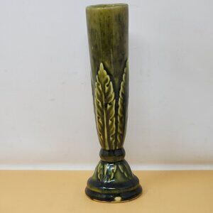 Vintage Green Ceramic Bud Vase With Raised Leaf Design & Glossy Finish